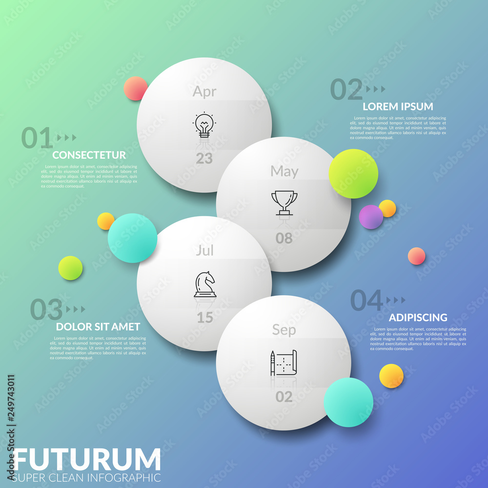 Poster vertical timeline. four separate staggered round elements with thin line pictograms and date indicat