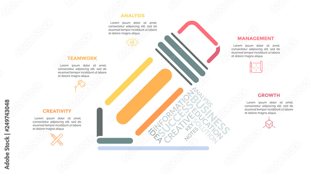 Poster pencil drawn with multicolored lines and surrounded by linear pictograms, headings and text boxes. c