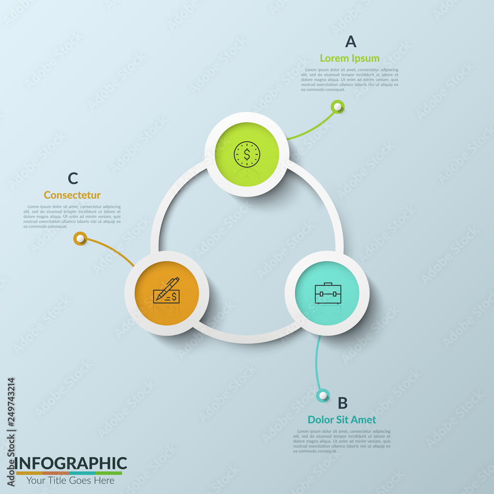 Poster round diagram with 3 circular elements, thin line pictograms and lettered text boxes. three options 