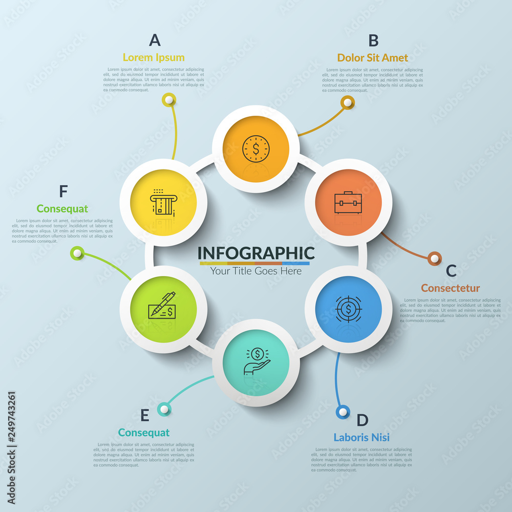 Poster circular chart with 6 multicolored round interconnected elements, thin line pictograms and text boxe