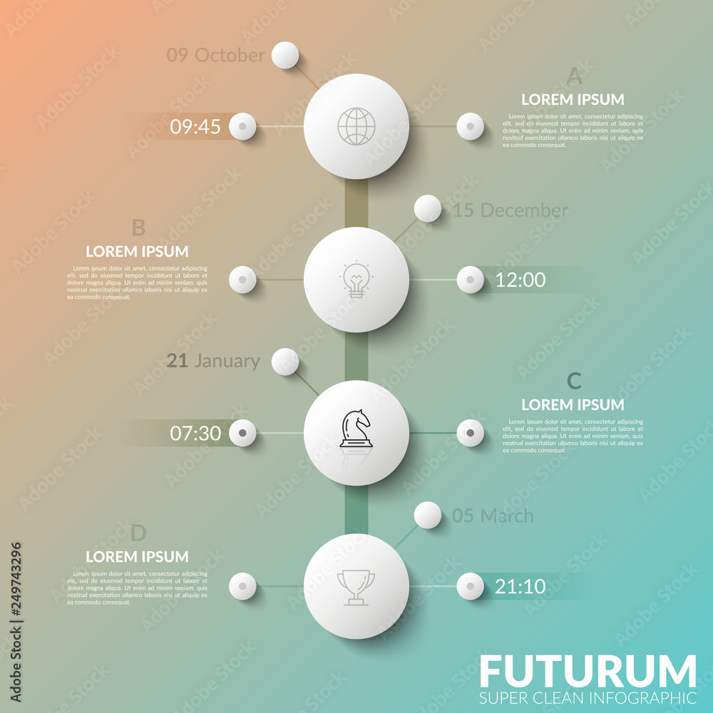 Poster vertical timeline with 4 white round elements, date and time indication, thin line icons and text bo