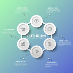 Fototapeta premium Ring-like chart with 6 round elements connected by line, linear symbols and text boxes. Concept of six features of income growth process. Minimalistic infographic design layout. Vector illustration.