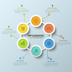 Circular chart with 6 multicolored round interconnected elements, thin line pictograms and text boxes. Six stages of development process. Clean infographic design template. Vector illustration.