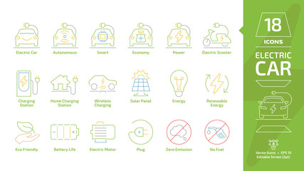 Electric vehicle and charger editable stroke outline color icon set with green eco electricity hybrid car, charging station, power energy plug, battery and zero emission line colorful symbol.