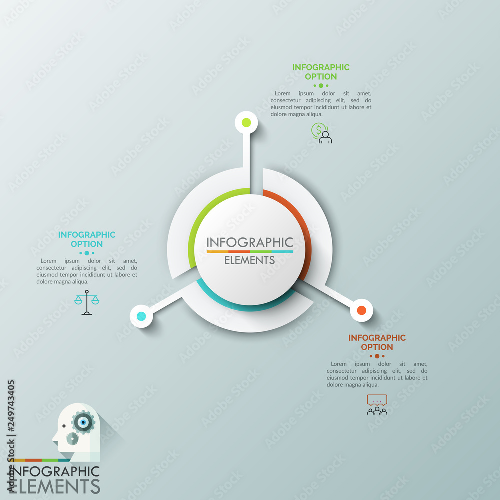 Poster round chart divided into 3 sectors with long projecting parts, thin line pictograms and text boxes. 