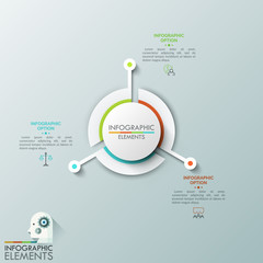 Round chart divided into 3 sectors with long projecting parts, thin line pictograms and text boxes. Three main features of business development process. Vector illustration for presentation, report.