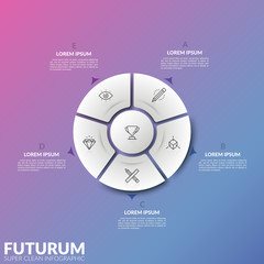 Circular diagram divided into 5 sectors and central round element with thin line signs and arrows pointing at text boxes. Cyclic process visualization. Infographic design layout. Vector illustration.