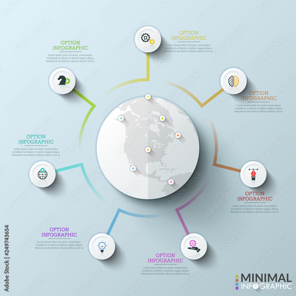 Poster globe with colorful map pins surrounded by 7 paper white round elements connected by lines. concept 