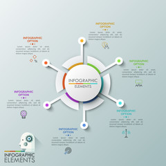 Circular chart with 6 separate sectors surrounded by thin line pictograms and text boxes. Concept of six steps to successful business development. Vector illustration for presentation, brochure.
