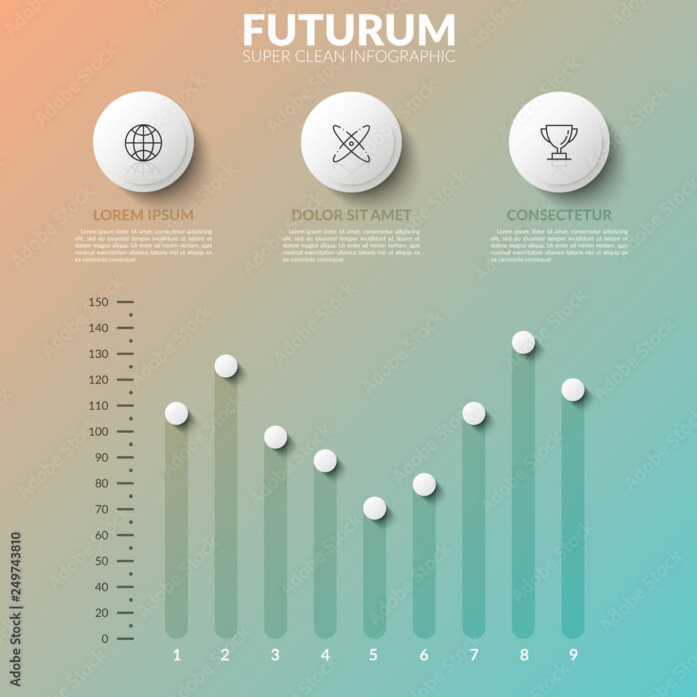 Poster three separate round elements with thin line icons inside, text boxes, vertical sliders and scale. e