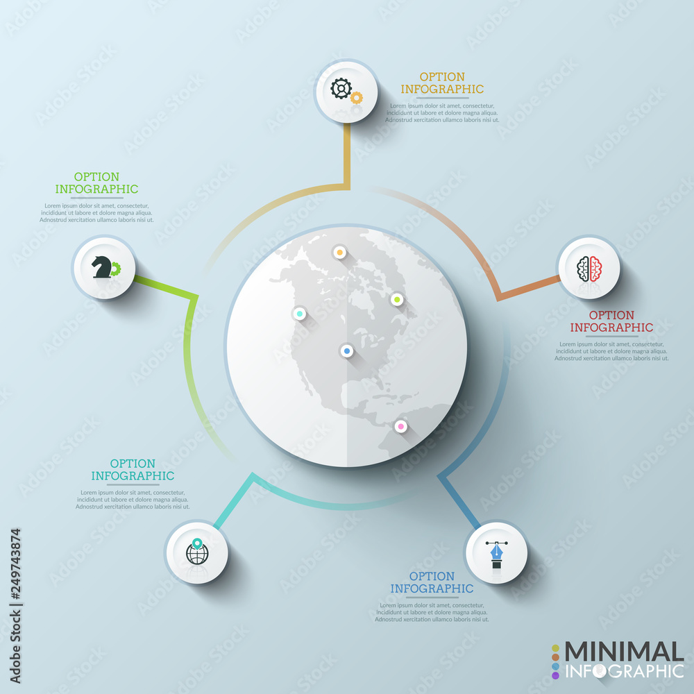 Poster globe with map marks surrounded by 5 paper white circular elements with pictograms inside and text b