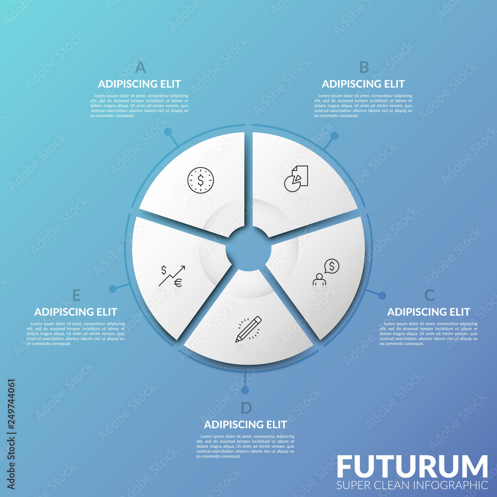 Poster round chart divided into 5 sectors with thin line icons inside and surrounded by text boxes against 