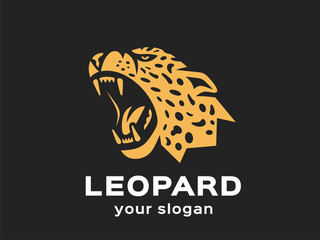 Leopard logo. Vector format, available for editing. Gold version. Dark background. © dizamax
