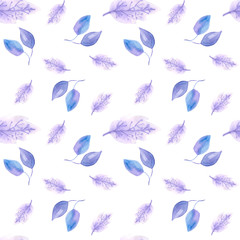 Watercolor pattern with watercolor sprigs, leaves and flowers on a white background. Well suited for printing on fabrics. Colors are gray and blue.