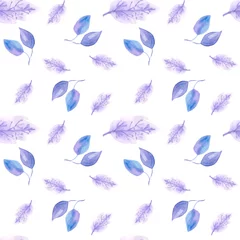 Fotobehang Vlinders Aquarel patroon met aquarel takjes, bladeren en bloemen op een witte achtergrond. Zeer geschikt voor het bedrukken van stoffen. De kleuren zijn grijs en blauw.