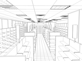 shop, store, contour visualization, 3D illustration, sketch, outline