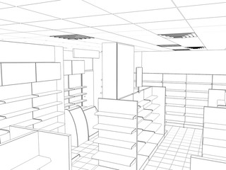 shop, store, contour visualization, 3D illustration, sketch, outline