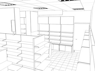 shop, store, contour visualization, 3D illustration, sketch, outline