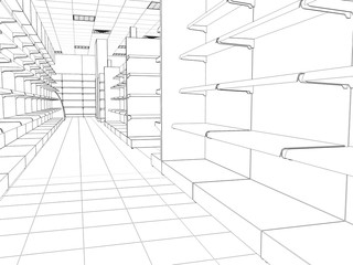 shop, store, contour visualization, 3D illustration, sketch, outline