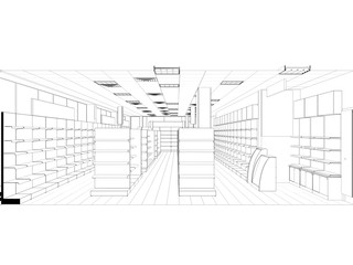 shop, store, contour visualization, 3D illustration, sketch, outline