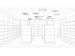 shop, store, contour visualization, 3D illustration, sketch, outline
