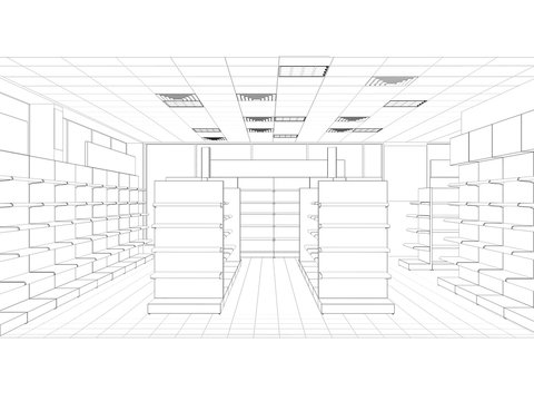 shop, store, contour visualization, 3D illustration, sketch, outline