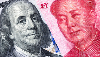 Portrait of Benjamin Franklin against Mao Zedong