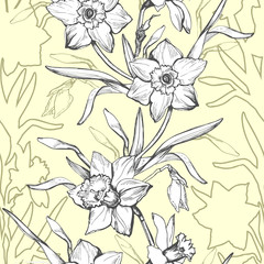 Floral seamless pattern with hand drawn flowers daffodils, narcissus. Black and white manual graphic on light background. Design for textile, fabric, wallpaper, packaging. Vector Illustration