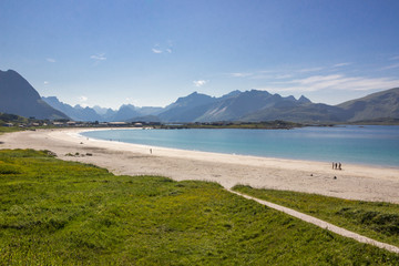 Ramberg beach and mountains on Flakstadoya island in Lofoten in Norway