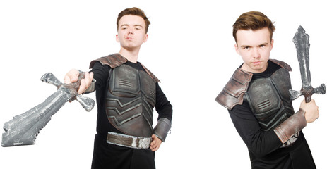 Young funny man in armour suit 
