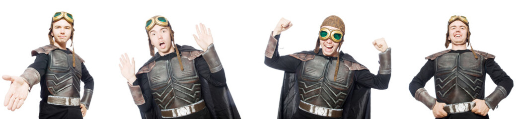 Young funny man in armour suit 