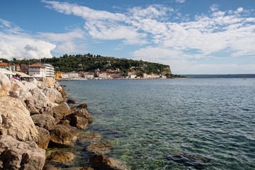 Transparent and clean water of the historical city of Piran/Pirano, adriatic sea, Slovenia