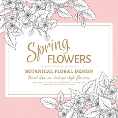 Floral card with spring blossom, frame, place for text. Hand drawn vintage botanical illustration