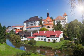 Fototapeta premium Beautiful renaissance style castle, 16th century, with Roundel pavilion on the hill near the river Nezarka in Jindrichuv Hradec. Czech Republic
