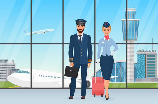 Smiling airport personal pilot and stewardess standing before the view on taking off plane and observation tower cartoon vector illustration.