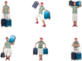 Young man with suitcase isolated on white 