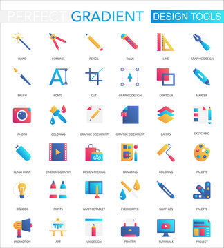 Vector set of trendy flat gradient Design development app tools icons.