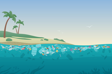 Fototapeta na wymiar Sea garbage in polluted water. Dirty ocean beach with trash and plastic on sand and under water surface vector illustration concept.