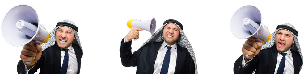 Fototapeta premium Arab businessman with megaphone isolated on white