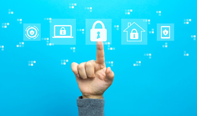 Cyber security with hand on a blue background