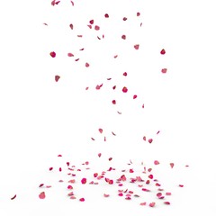 Small rose petals fly and fall to the floor