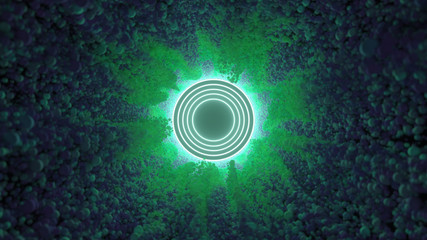 Neon Circles Surrounded by Particles. Particles Tunnel. 3D Illustration.