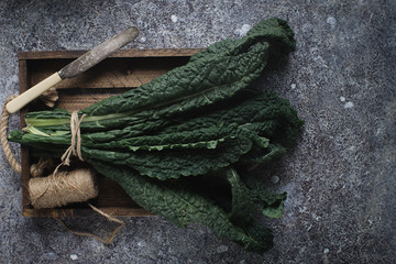 Raw green organic Lacinato Kale on dark concrete background