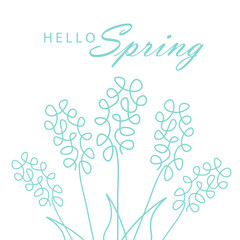 Hello spring greeting card with flowers, vector illustration.