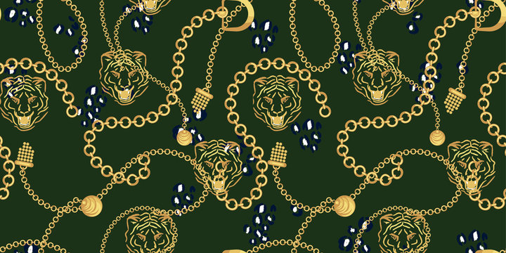 Tiger Head And Gold Chains Green Pattern Fashion Wild Vector Design.