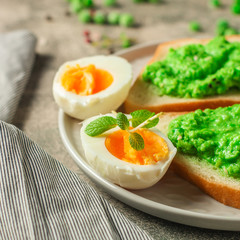 green peas, avocado and vegetable pate - sandwich (healthy food). food concept. top view