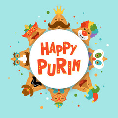 Fototapeta premium Purim holiday cute hamantaschen cookies funny cartoon characters banner design.