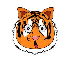 Head of tiger in cartoon style. Vector illustration. Woodland animal head icon. Amazed tiger. Tiger emotional head.