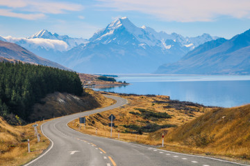 Mount Cook National Park is in the South Island of New Zealand, near the town of Twizel, New Zealands highest mountain, and Aoraki Mount Cook Village lie within the park, glacial lake Pukaki