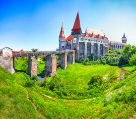 Beautiful panorama of the Hunyad Castle / Corvin's Castle with wooden bridg